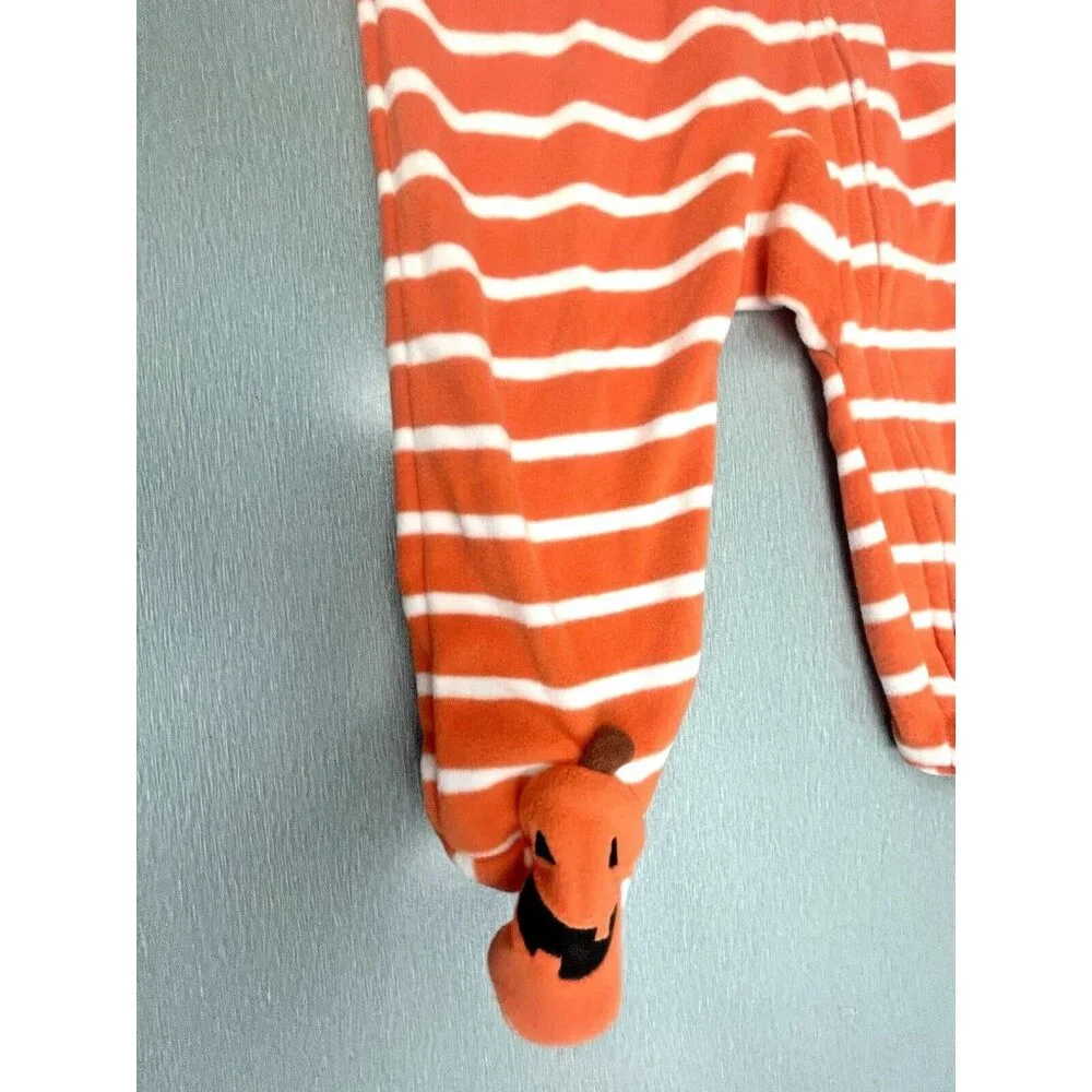 Carters Romper Baby Halloween Footed Orange Stripe Pumpkin Face Fleece Zipper 6M